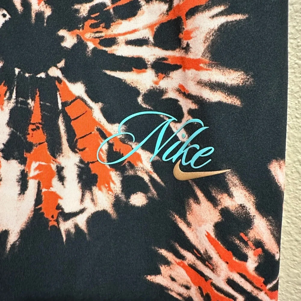 NEW! Nike Black High-Waist Tie-Dye Leggings with Orange & White Burst - Size M